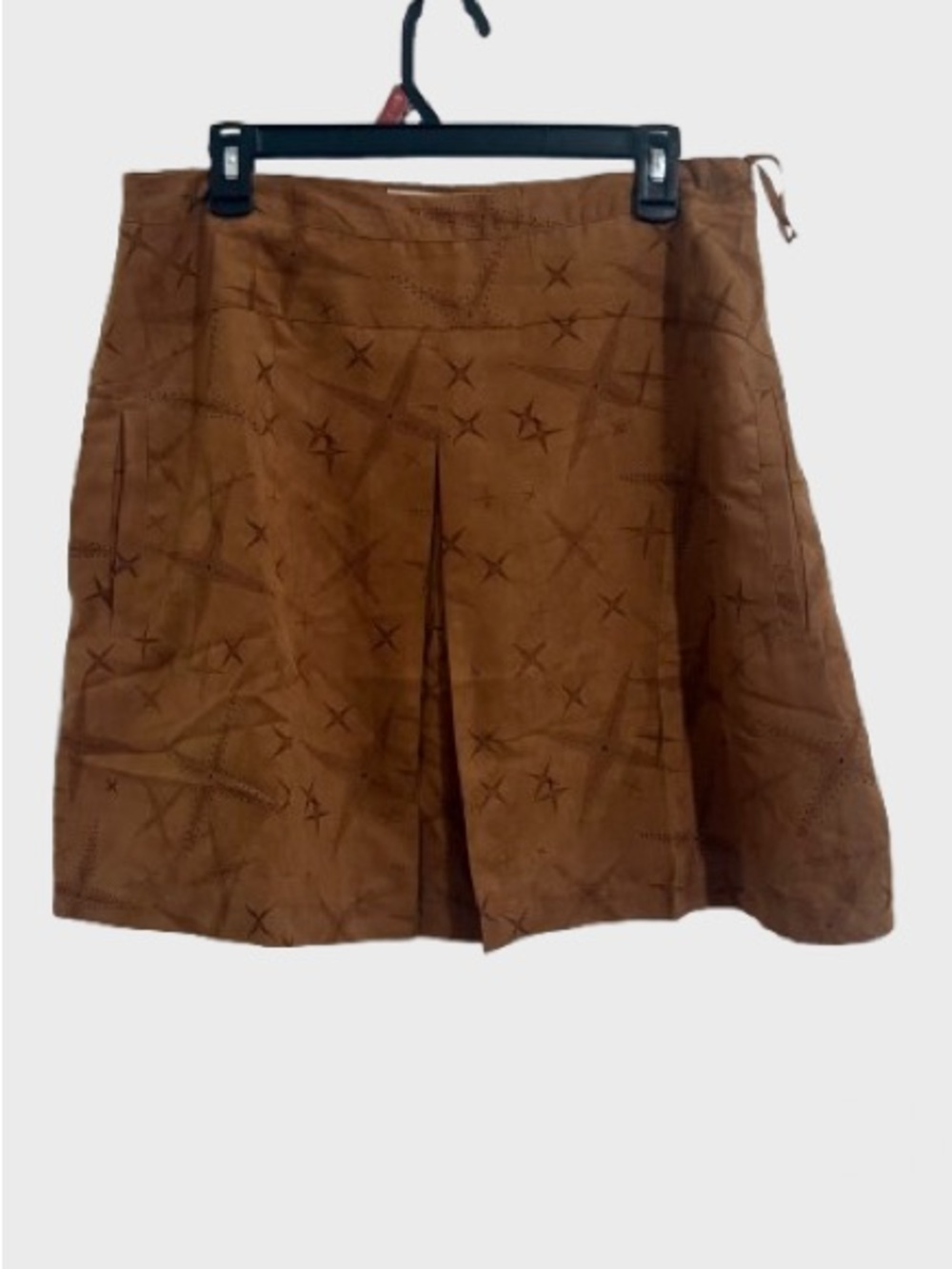 Women's Mini Skirt in Brown Suede-Look with Star Embroidery